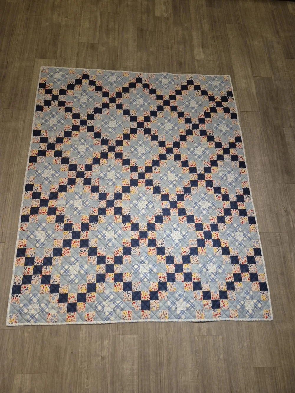 New Handmade Patchwork Floral Throw Quilt Blue Cottagecore 56.5” x 70”